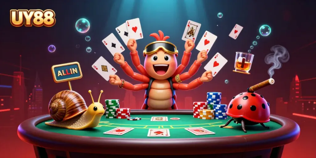 Experience UY88's vibrant gameplay with a lively millipede dealer and high-roller snail, surrounded by poker excitement.