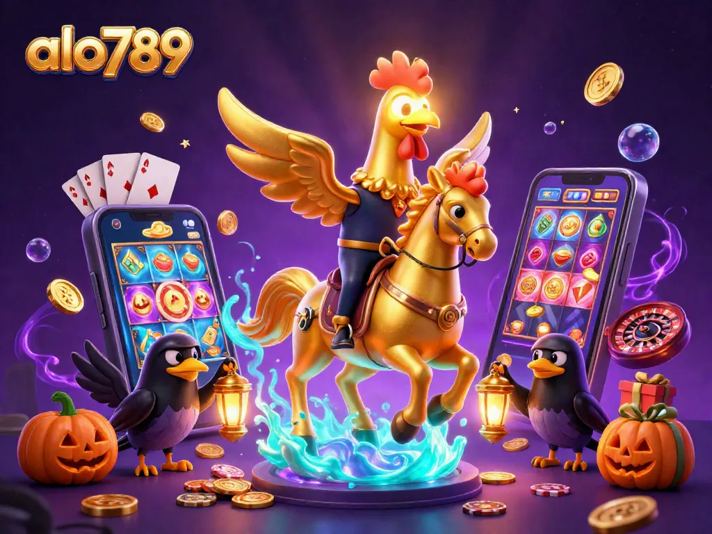 Alo789 players spin the reels in a vibrant midnight casino, featuring a golden rooster and crow companions.