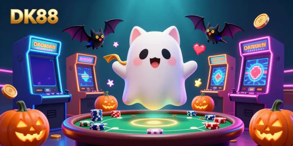 Play exciting games at DK88 casino with a ghost cat and bat in a vibrant gaming scene.