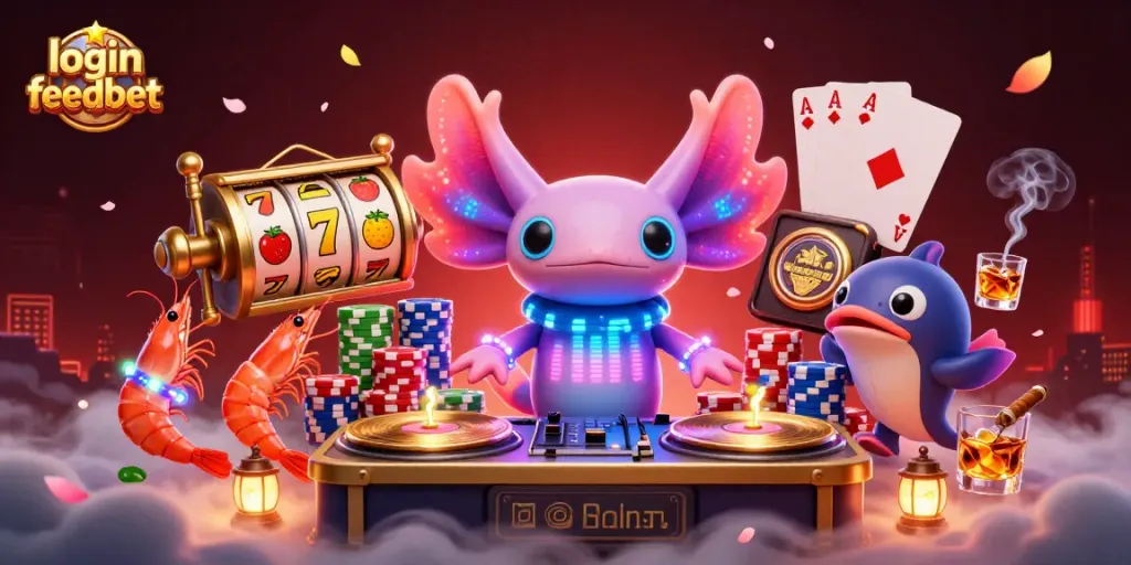 Spin and win at FeedBet with the vibrant axolotl DJ and friends, featuring lucky slot reels and colorful poker chips.