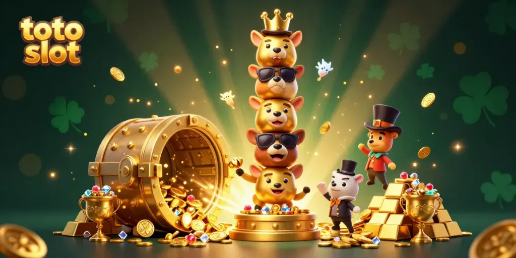 Win big with toto slot in this vibrant 3D treasure-filled casino scene.