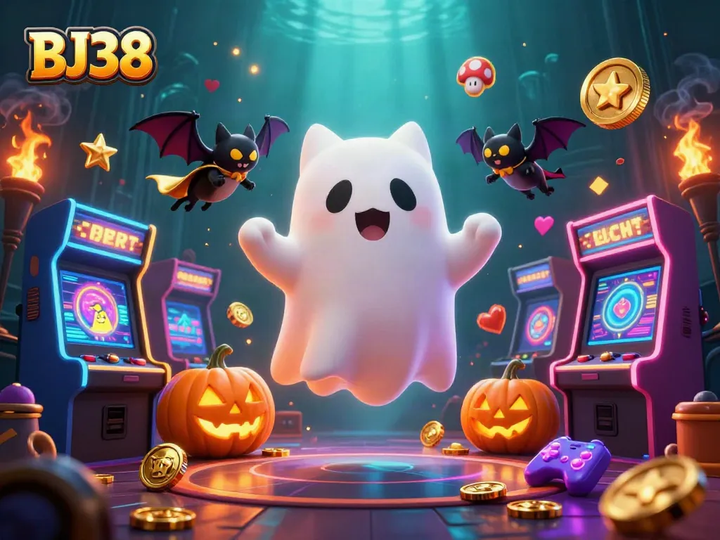 Engage in thrilling gameplay at BJ38 casino with an entertaining ghost cat and vibrant arcade machines.