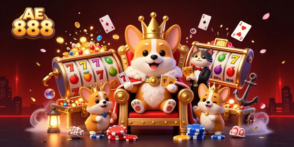 Experience the thrill of AE 888 with a royal corgi on a throne of poker chips in a vibrant casino scene.