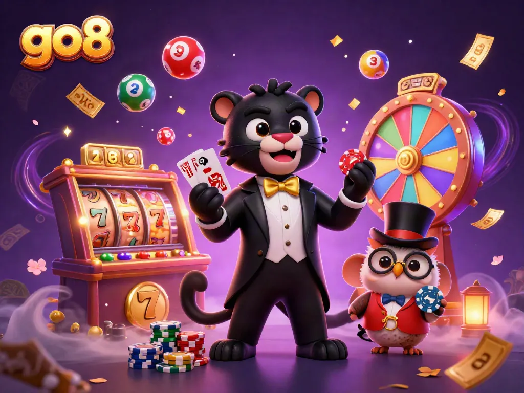 Engage with go8's dynamic casino experience featuring a tuxedoed panther, wise owl, and lucky mouse surrounded by excitement.