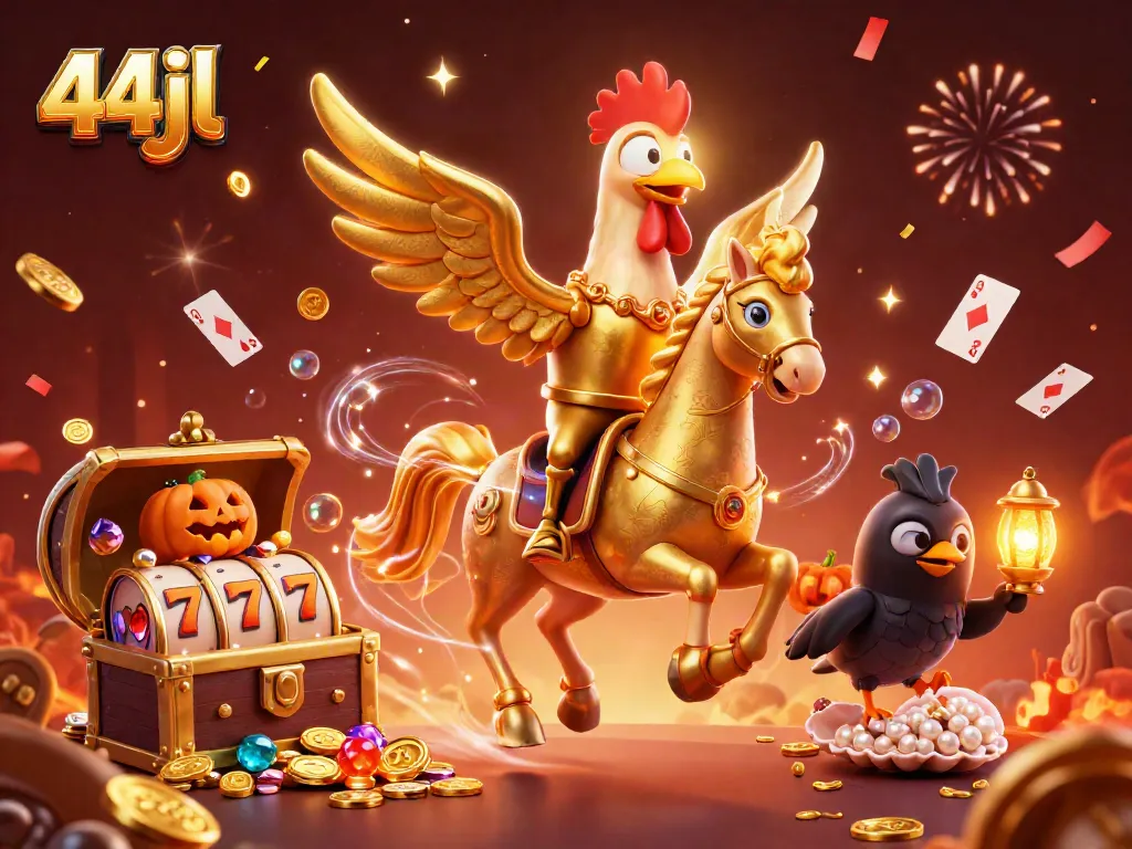 Exciting casino adventure featuring the golden rooster character from 44jl alongside festive gaming elements.