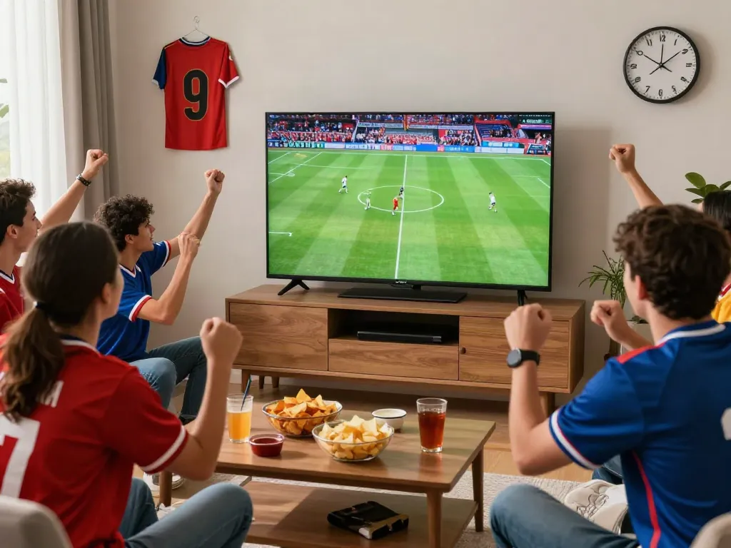 Fans enjoying a Thapcamtv live football match at home with snacks and excitement.