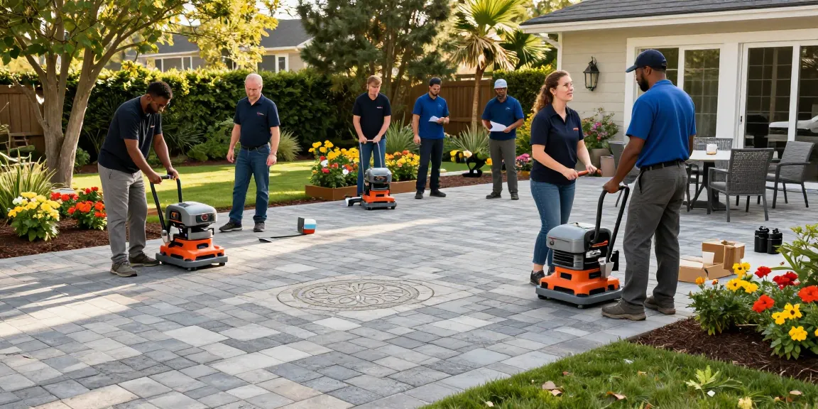 Driveways and Patios installation scene showing professional team creating elegant block paving in a garden setting.