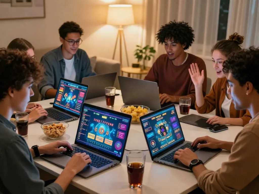 Group of friends enjoying gaming on 9bet.com in a cozy living room setting.