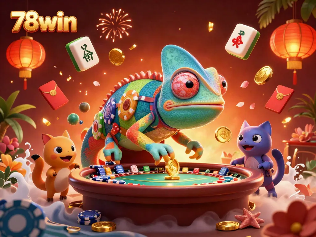 Experience the vibrant 78win casino atmosphere with the chameleon owner catching golden coins in this lively illustration.