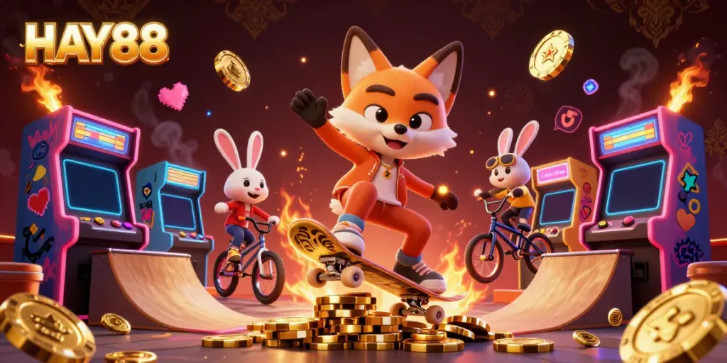 Experience the thrilling atmosphere of HAY88 casino with vibrant characters and arcade elements.
