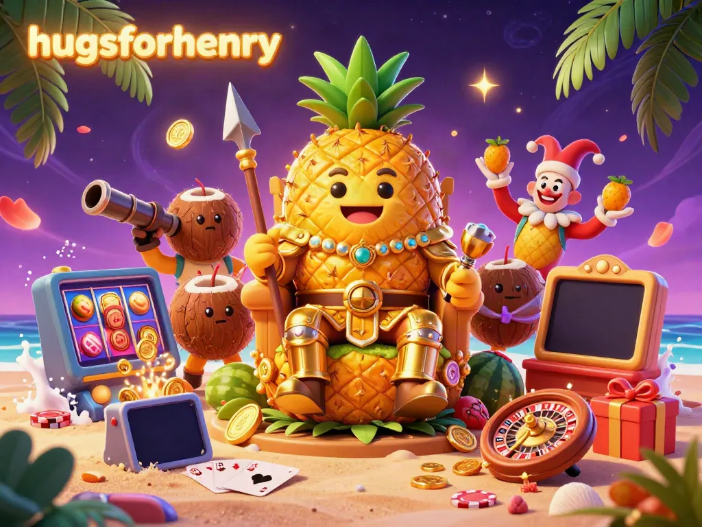 Experience the excitement of gambling with hugsforhenry in a vibrant casino scene featuring a golden pineapple king.