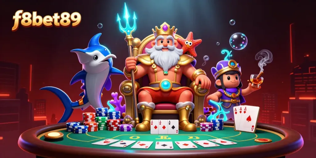 Engage with f8bet89's thrilling casino atmosphere featuring Neptune and vibrant poker action.