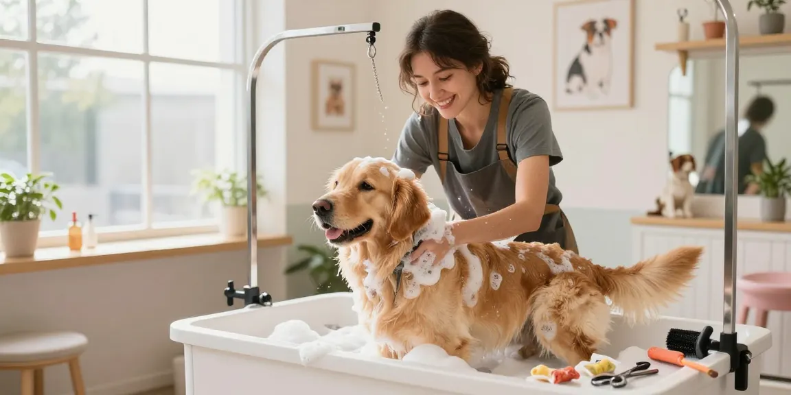 Haxby Groomer providing a gentle wash and care experience for a happy golden retriever in a cozy grooming salon.