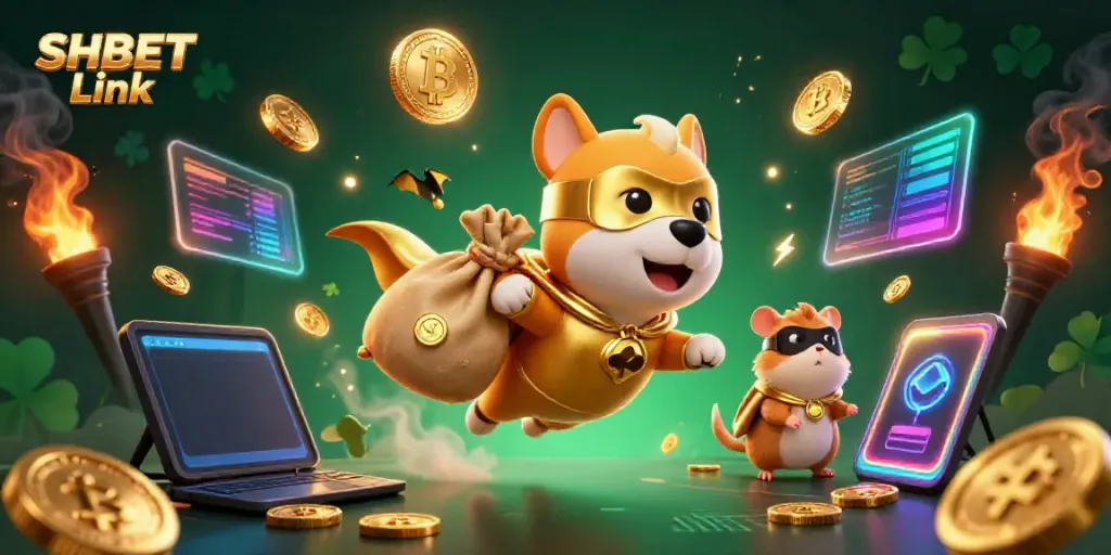 Engage with the excitement of SHBET Link featuring a hero dog soaring with coins, showcasing dynamic casino elements.