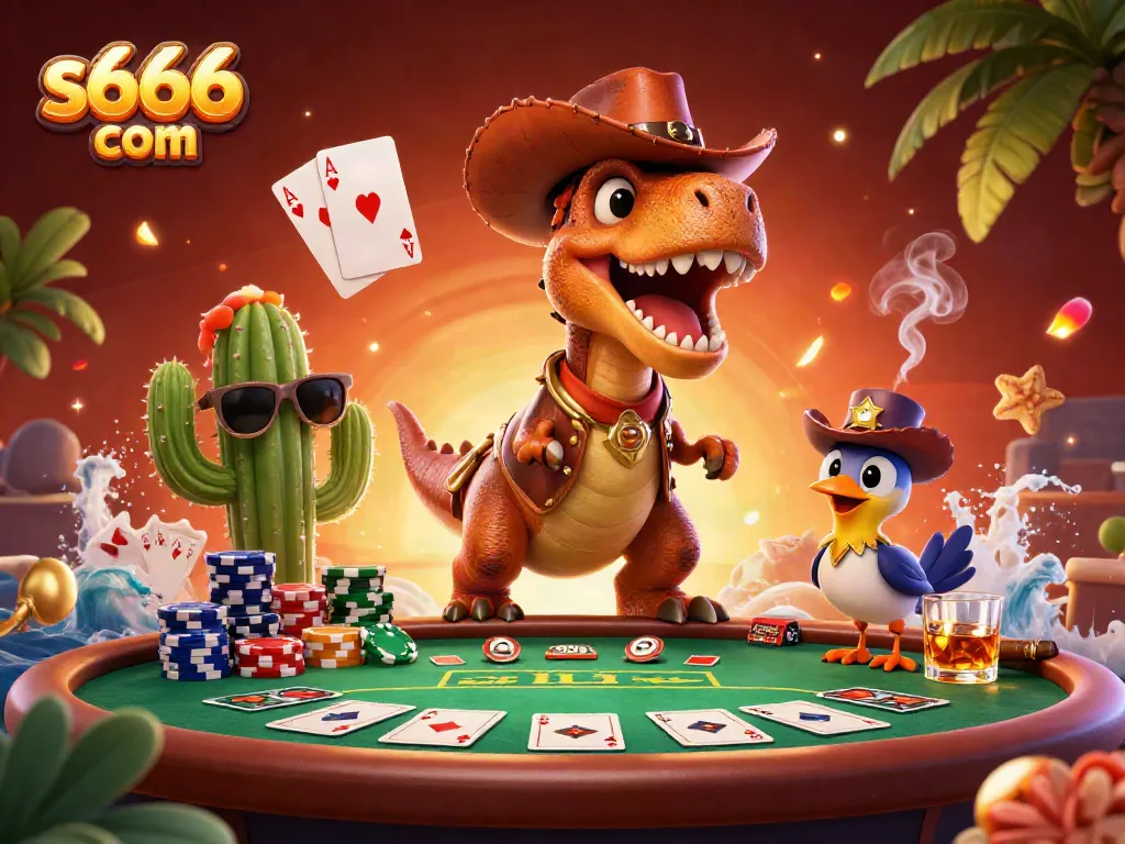 Engage with the thrilling s666 com experience, amidst a vibrant 3D casino scene featuring colorful poker elements.