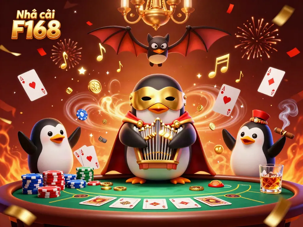 Experience the vibrant action at Nhà cái F168 with a whimsical casino scene featuring a gaming penguin.