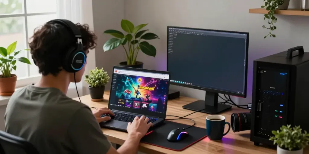 Engaging home office scene showcasing Login Dewatogel with a gamer focused on screen and gaming setup.