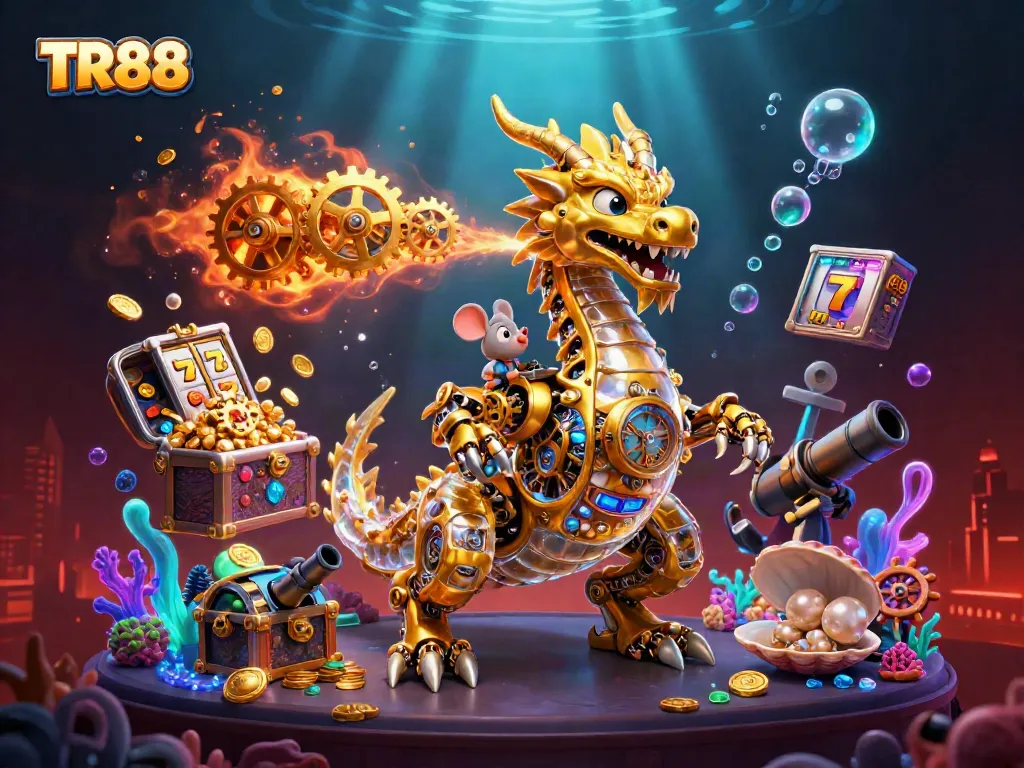 Experience thrilling adventures at TR88 with a golden dragon and vibrant casino elements surrounding it.