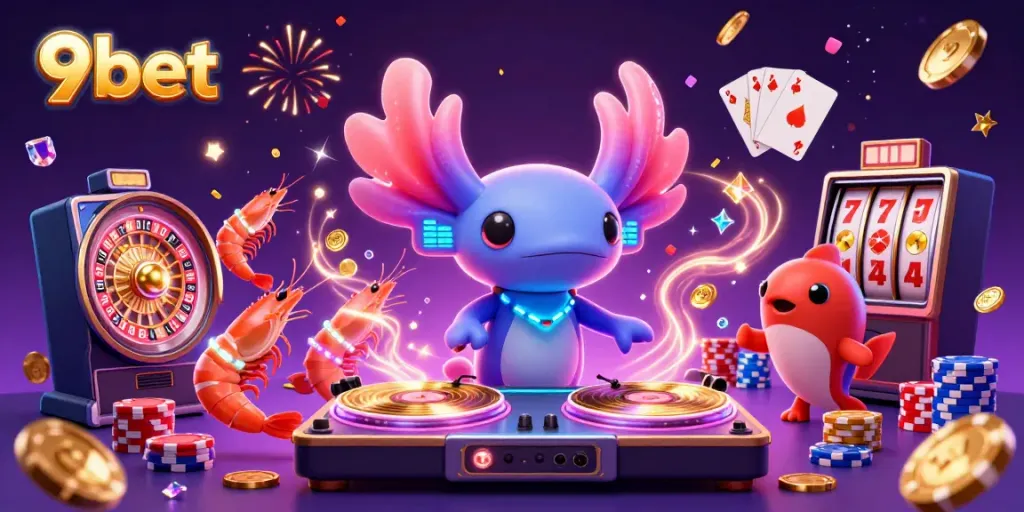 Experience vibrant 9bet gaming action with a neon axolotl DJ amidst cascading coins and slot reels.