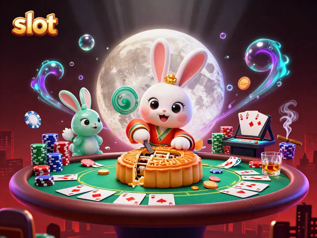 Spin the reels at vibrant slots while the moon rabbit celebrates with poker chips.