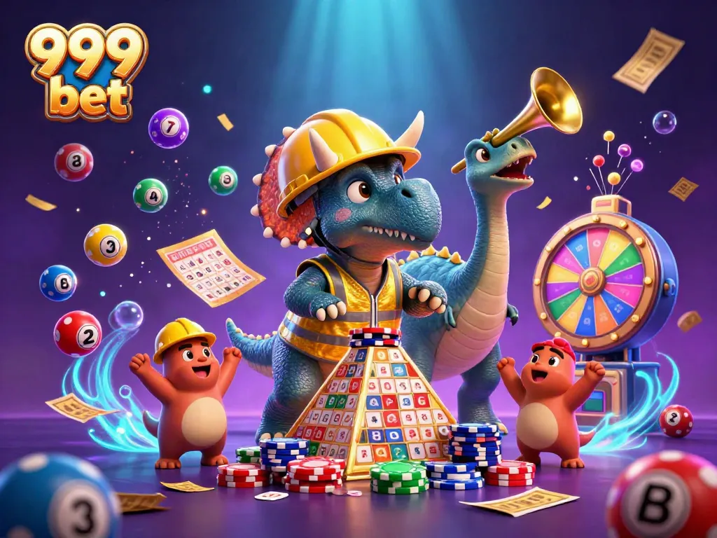 Celebrate wins at 999 bet with a fun 3D cartoon scene of colorful lottery elements.