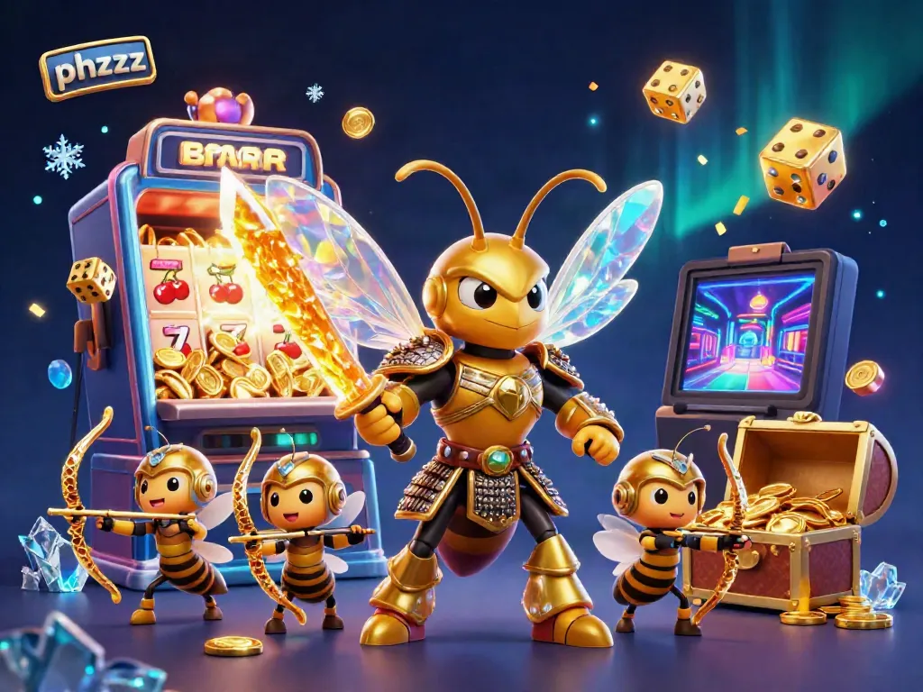 Engage with phzzz at the dazzling casino where vibrant golden hornets wield weapons and jackpots burst with excitement.