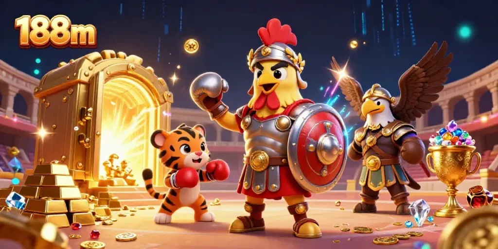 Win big with 188m as the gladiator rooster and tiger cub fight in the casino arena.