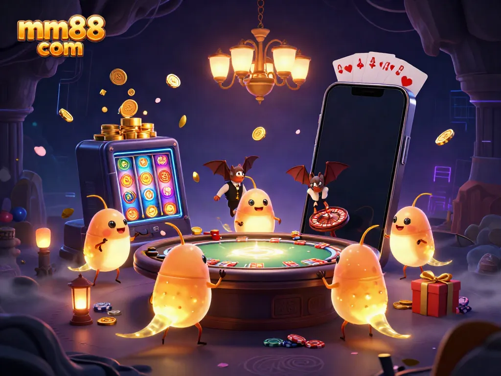 Experience the vibrant mm88 com casino with glowing glowworms and a bat dealer in a dynamic 3D scene.