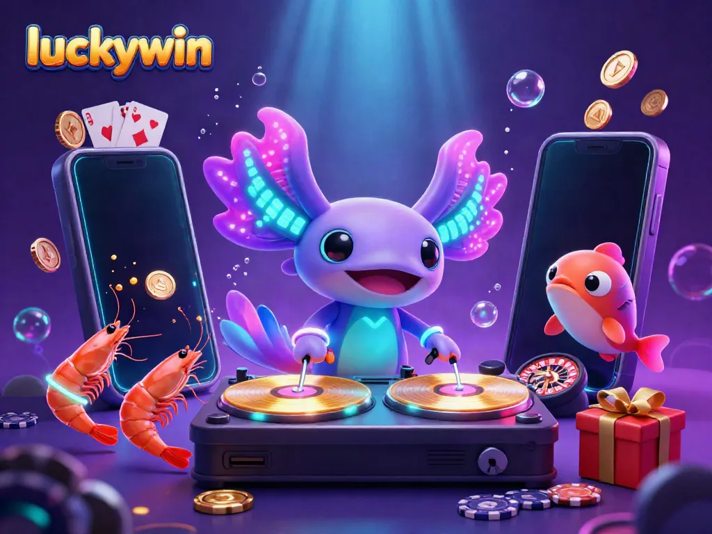 Spin luckywin's colorful slot games in an exciting underwater casino scene featuring a neon axolotl DJ.