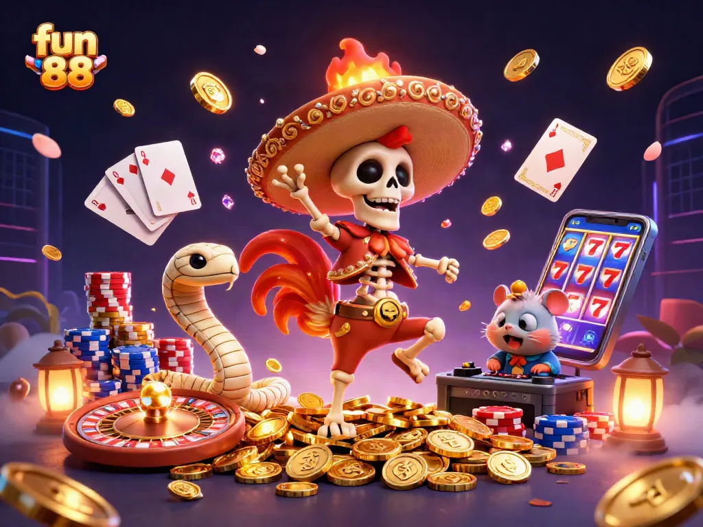 Join the fun 88 gaming adventure with a lively scene of characters and casino elements.