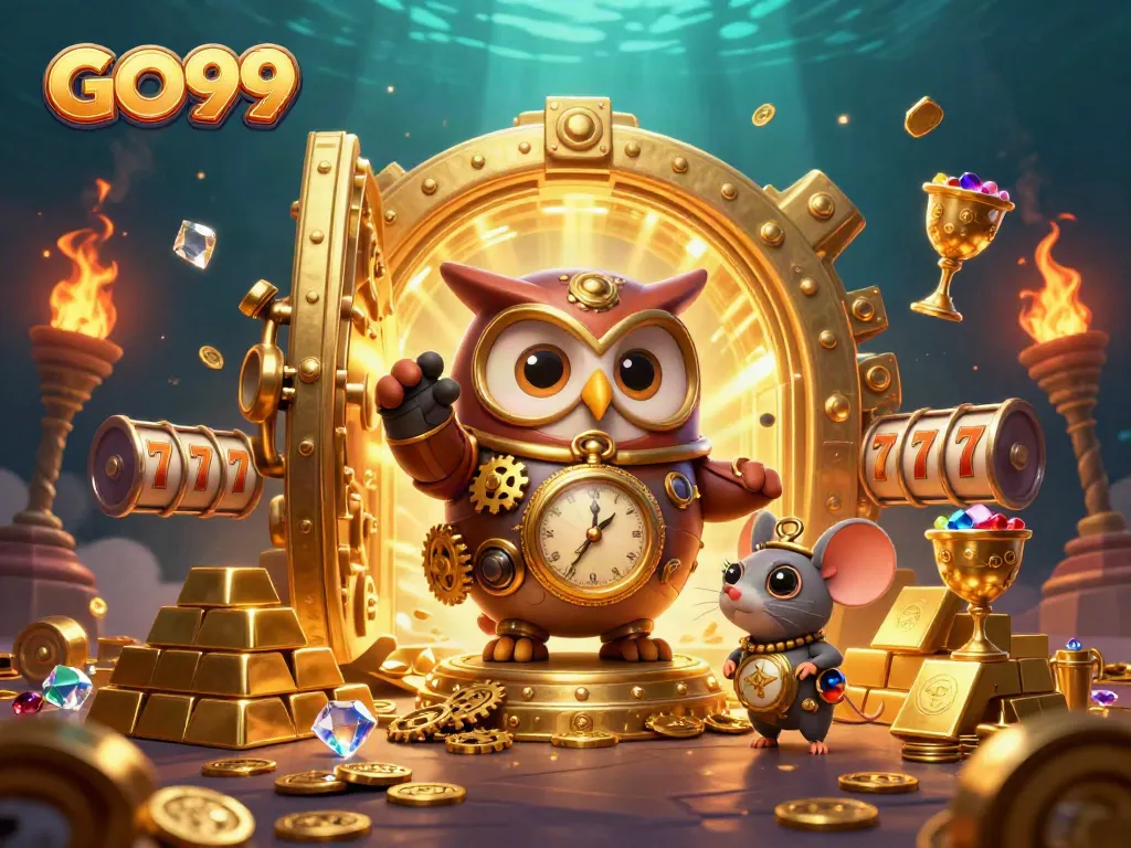 Engage with GO99's thrilling casino adventure featuring a steampunk owl, treasure, and vibrant slots.