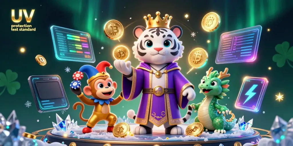 Engage with the UV protection test standard illustrated by a playful scene of a white tiger, monkey, and jade dragon amid vibrant casino elements.