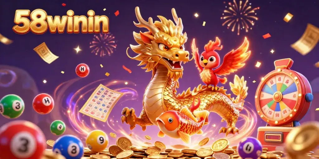 Engage with thrilling wins at 58winin with dynamic elements like a golden dragon, phoenix, and colorful lottery balls.