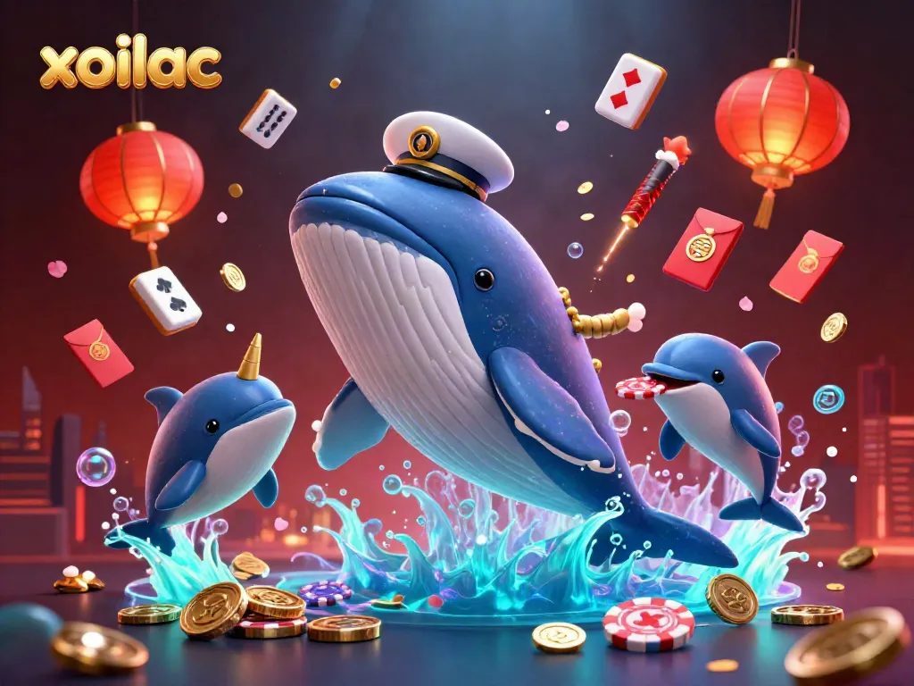 Experience the excitement of xoilac with this vibrant 3D scene showcasing playful marine creatures surrounded by gambling symbols.