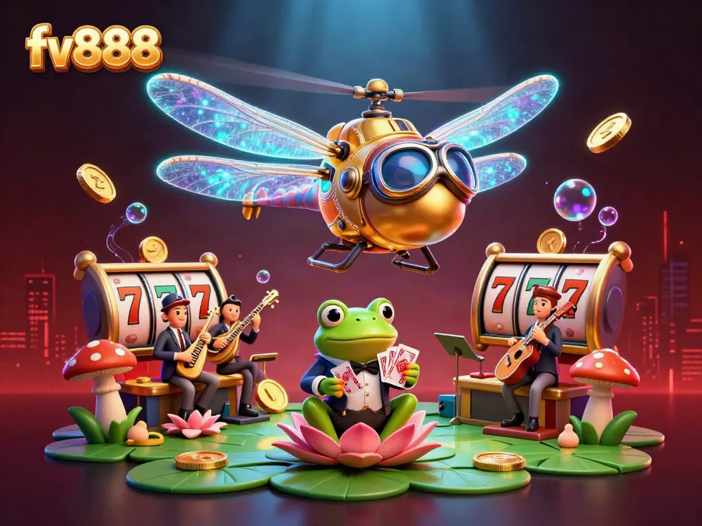 Experience gaming excitement at fv888 with a vibrant dragonfly pilot and frog dealer in a colorful casino scene.
