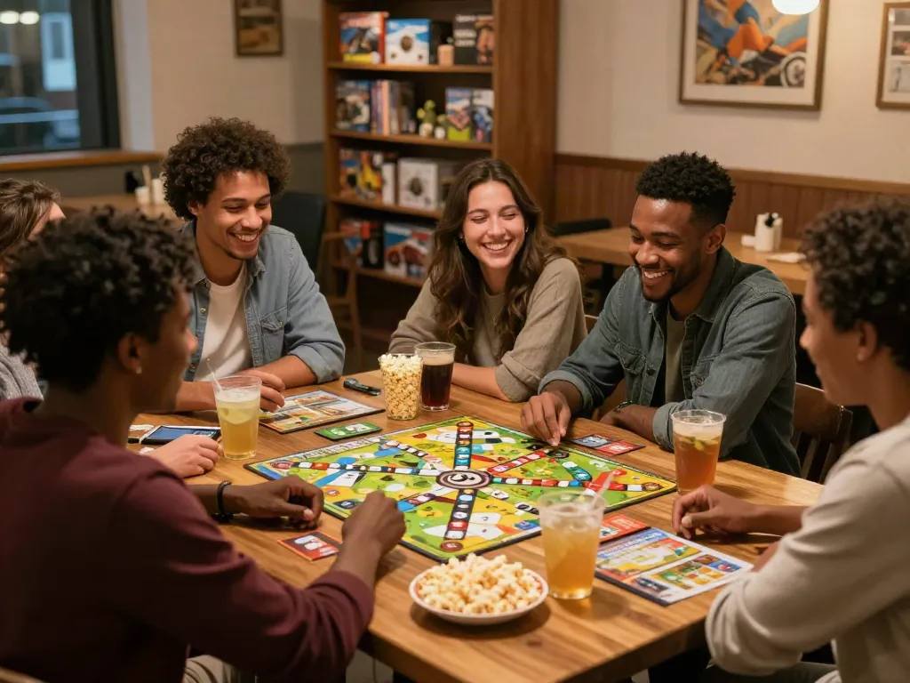 Engaging board game night at meeplehaus.net with friends enjoying various games together.