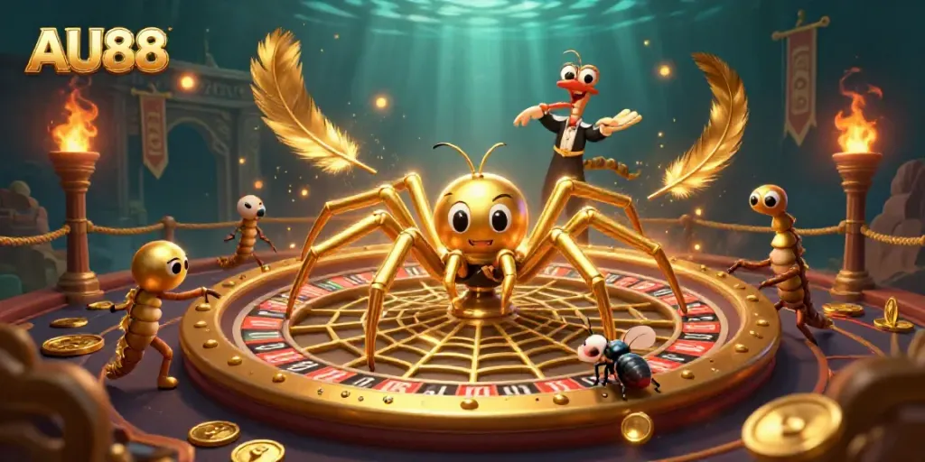 Experience thrilling bets at AU88, featuring vibrant 3D casino characters spinning a roulette web.