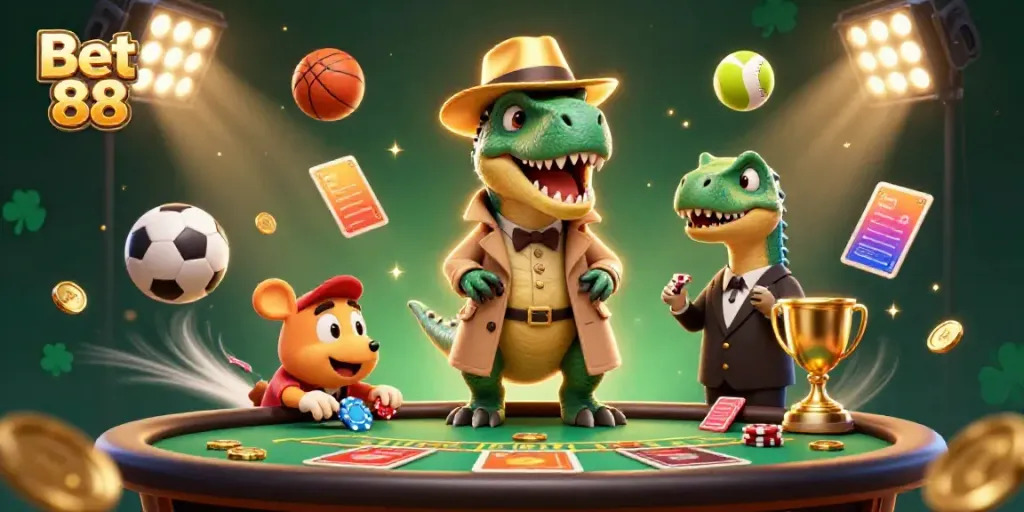 Bet 88 features a velociraptor at a blackjack table with sports elements in a dynamic casino scene.
