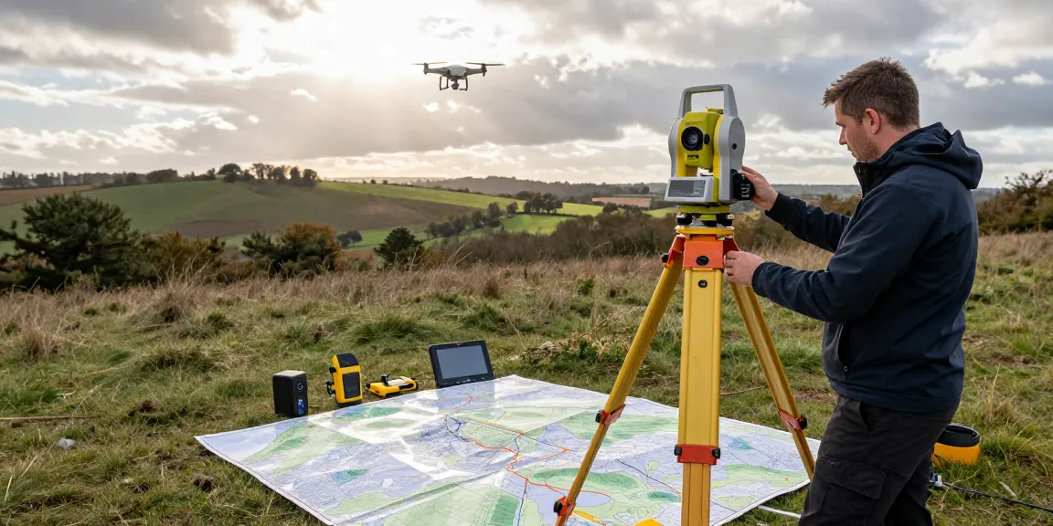 Surveyor conducting topographical surveys East Sussex with advanced equipment in natural landscape.