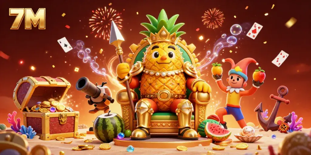 Join the pineapple king in a vibrant casino experience featuring 7M's thrilling online betting.