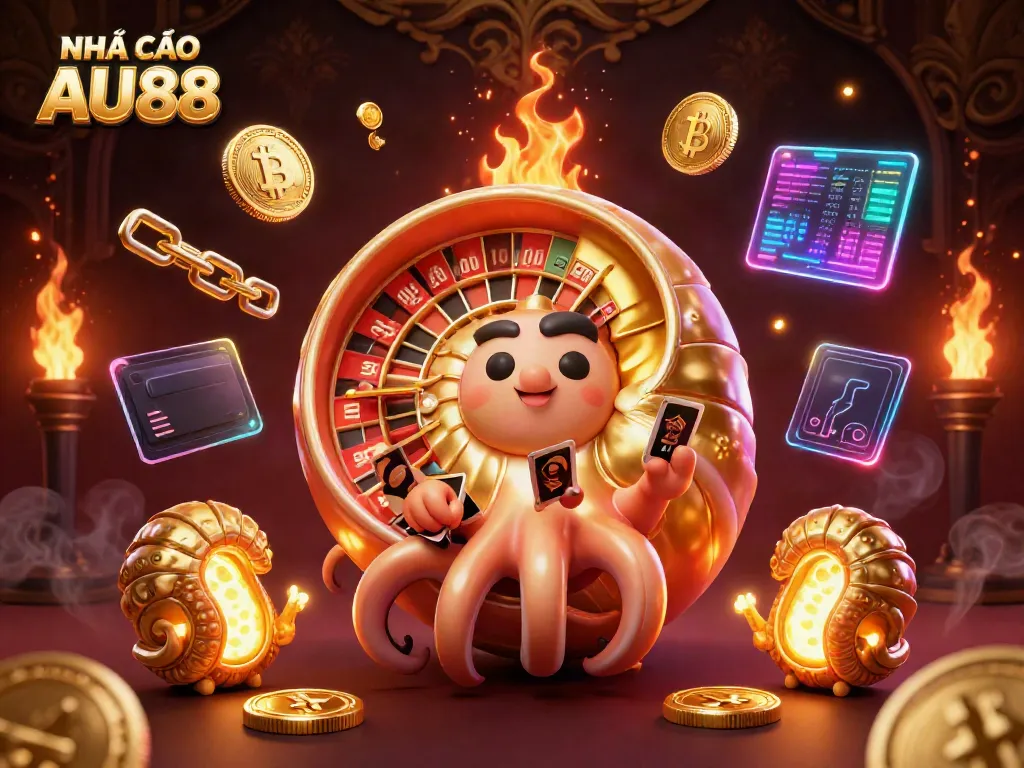 Engage with NHÀ CÁI AU88's 3D casino scene featuring a giant nautilus roulette and glowing crypto elements.
