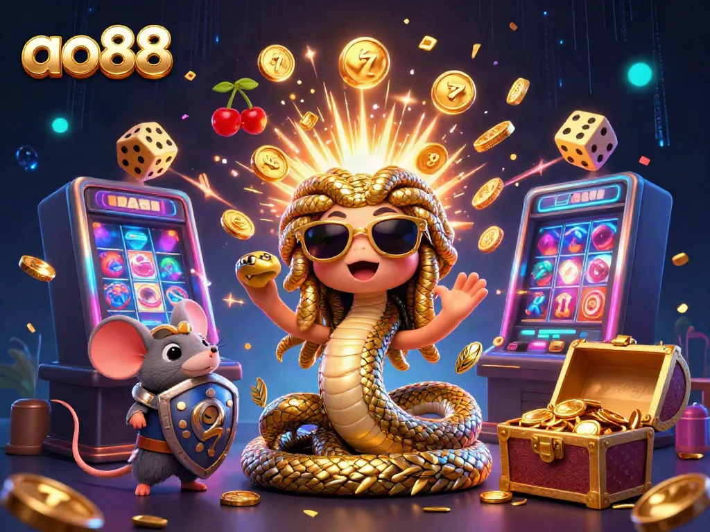 Experience the excitement of ao88 with a vibrant scene of a Medusa and warrior mouse by a slot machine jackpot.