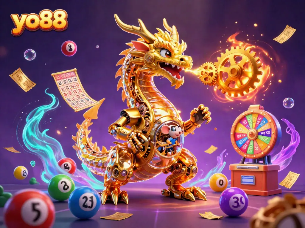 Experience the thrill of yo88 as golden dragon breathes gears amidst vibrant lottery balls and dynamic casino elements.