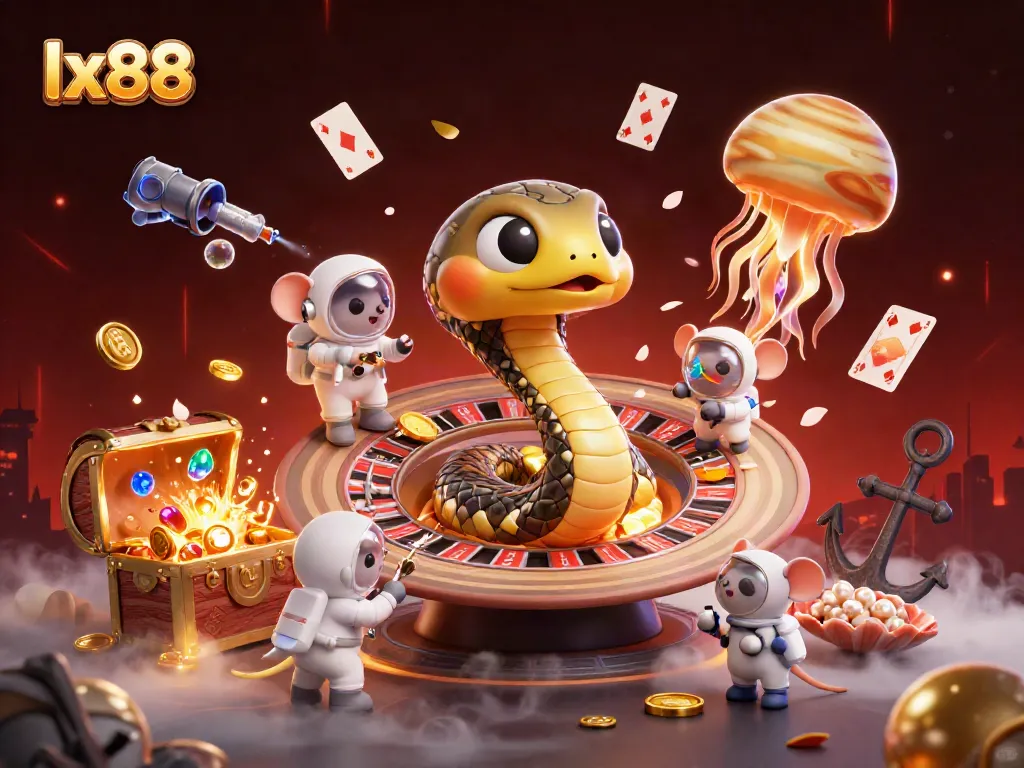 lx88 features a vibrant casino scene with a snake roulette wheel and astronaut mice betting.