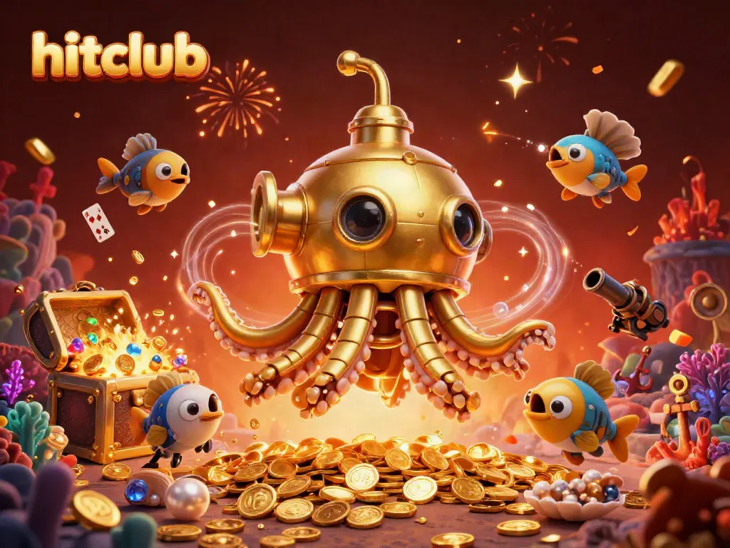 Experience the thrill of winning on hitclub with a golden kraken submarine amidst treasure and celebration.