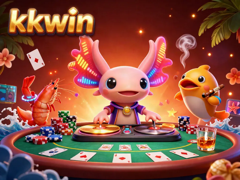 kkwin shows vibrant gambling scene with axolotl DJ, colorful poker elements, and lively underwater characters