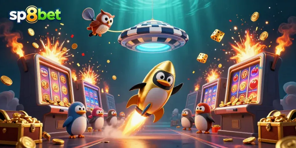 Experience thrilling wins at sp8bet with vibrant 3D casino games featuring a golden penguin and jackpot elements.