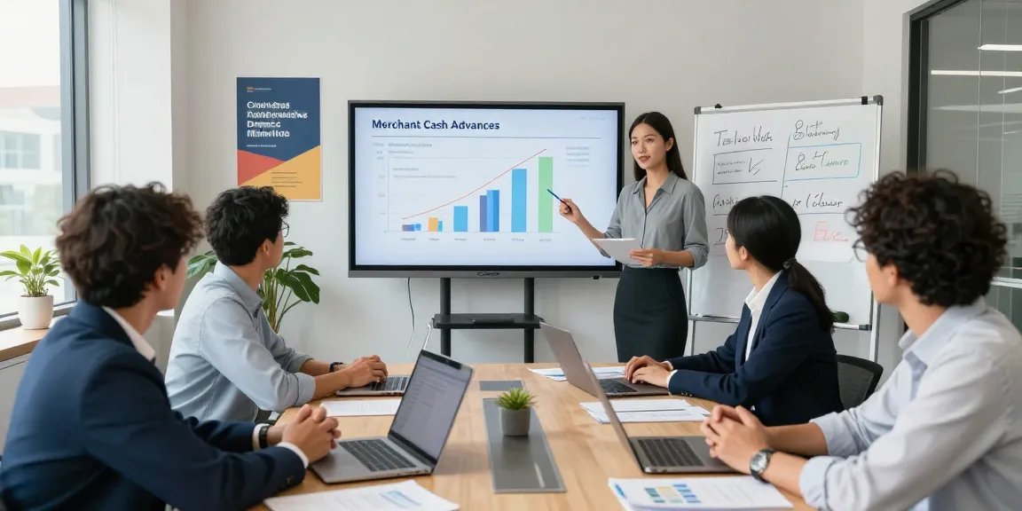 Apply for merchant cash advance in a collaborative office scene with diverse professionals discussing strategies.
