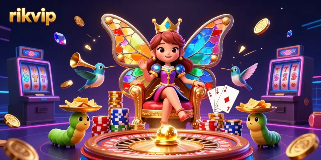 Experience the excitement at rikvip with a vibrant 3D illustration showcasing the butterfly queen and sparkling casino elements.