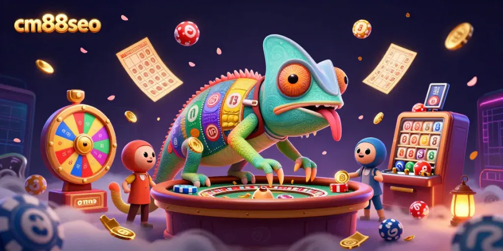 Engage with cm88seo's vibrant casino scene featuring a colorful chameleon and dynamic game elements.